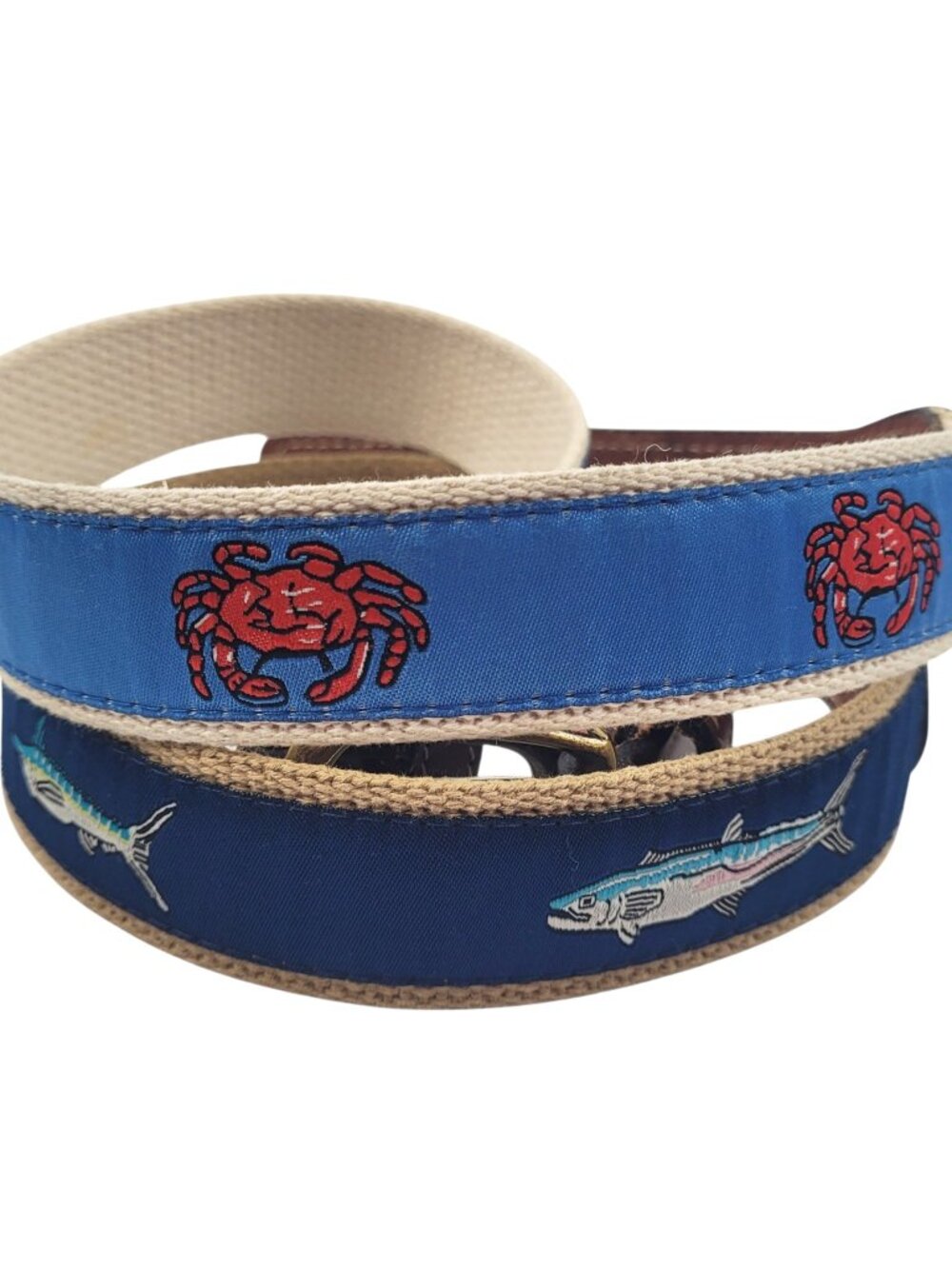 Ribbon Belts Boys 20" - 2 Cotton Webbing Leather Nautical Crab Fish Ocean Preppy